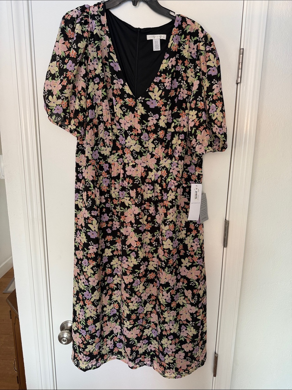 London Times Black Midi Dress with Pink, Lavender & Mint Floral Print
